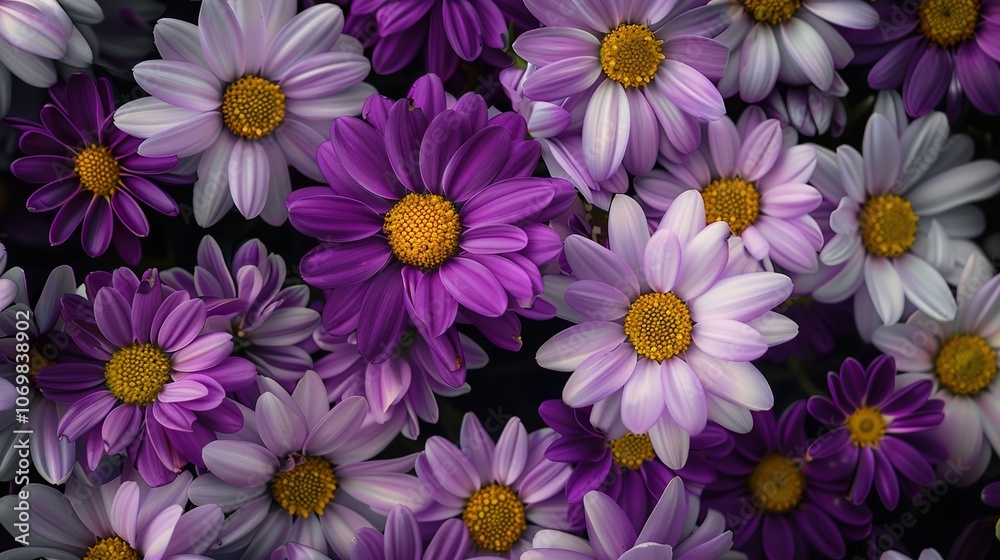 Fototapeta premium Purple and Yellow Light Flowers on a Black Background - a vibrant and captivating visual. The glowing flowers create a mesmerizing and colorful contrast against the dark backdrop.
