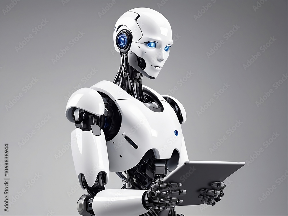 A futuristic white humanoid robot stands on a grey background, holding a tablet device A futuristic white humanoid robot stands on a grey background, holding a tablet device