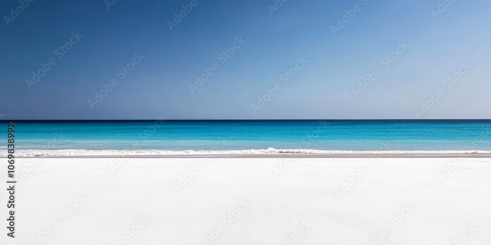 A serene beach view showcasing calm turquoise waters and soft white sand on a clear day A serene beach view showcasing calm turquoise waters and soft white sand on a clear day