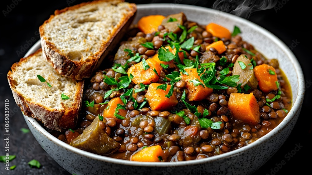 A steaming bowl of vibrant vegan lentil and vegetable stew garnished with fresh herbs accompanied by slices of hearty crusty whole grain bread presented in a clean