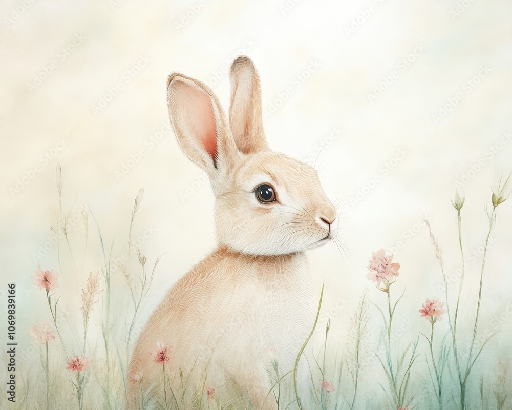 Obraz premium Peaceful Bunny in Meadow: A gentle beige bunny sits serenely amidst soft, pastel wildflowers in a tranquil meadow. This charming illustration evokes feelings of peace and tranquility. 