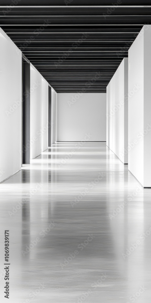 Obraz premium Modern minimalist hallway with polished floors and large windows illuminating the space