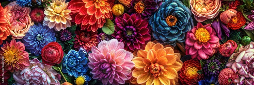 Colorful Array of Blooming Flowers in a Lush Composition - Panoramic Header Banner Background for Floral Art, Garden Design, Nature Photography, and Botanical Themes