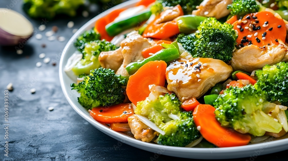 Vibrant and flavorful stir fry dish featuring tender chicken crisp vegetables and a savory ginger garlic sauce all captured in a modern kitchen setting with sharp focus high contrast Vibrant and flavorful stir fry dish featuring tender chicken crisp vegetables and a savory ginger garlic sauce all captured in a modern kitchen setting with sharp focus high contrast