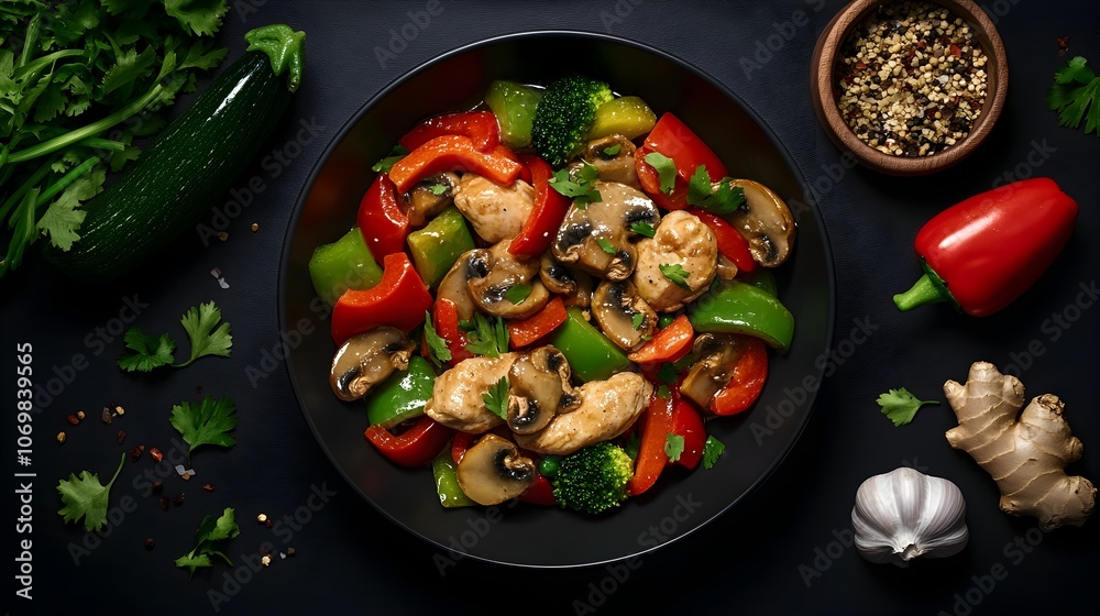 image of a vibrant and flavorful stir fry dish made with a variety of fresh vegetables crisp bell peppers juicy mushrooms tender chicken and aromatic garlic and ginger image of a vibrant and flavorful stir fry dish made with a variety of fresh vegetables crisp bell peppers juicy mushrooms tender chicken and aromatic garlic and ginger