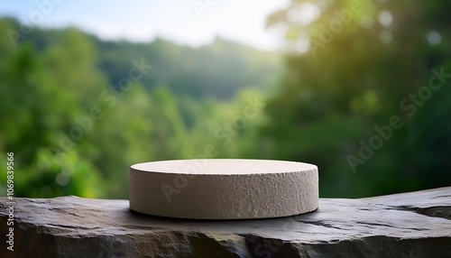 Minimalist stone pedestal set against a natural green forest background, perfect for product display