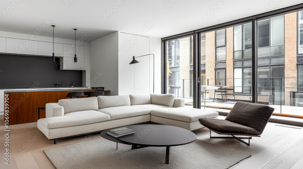 Modern living room with minimalist design and large windows showcasing urban views Modern living room with minimalist design and large windows showcasing urban views