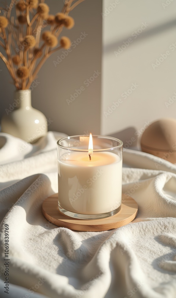 A serene candlelit scene featuring a beautifully lit candle on a wooden tray, surrounded by soft textiles and decorative elements, perfect for wellness and cozy home aesthetics. A serene candlelit scene featuring a beautifully lit candle on a wooden tray, surrounded by soft textiles and decorative elements, perfect for wellness and cozy home aesthetics.