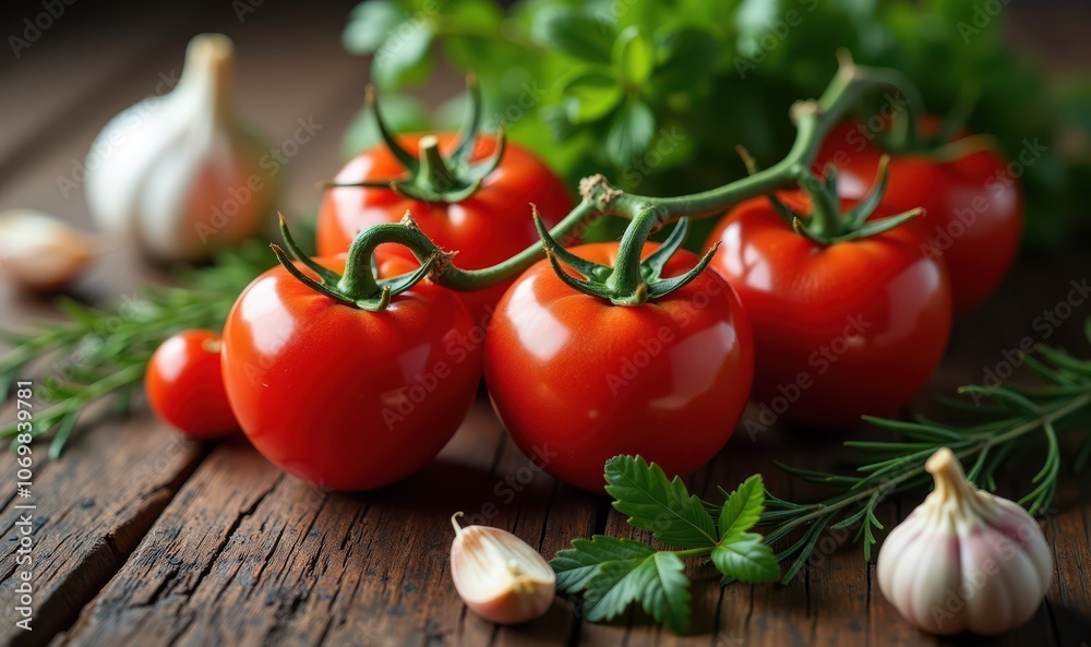 Fresh, vibrant tomatoes with garlic and herbs on a rustic wooden table, ideal for culinary, gardening, or health-related projects. Fresh, vibrant tomatoes with garlic and herbs on a rustic wooden table, ideal for culinary, gardening, or health-related projects.