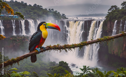 Colorful bird is perched on a branch near a waterfall