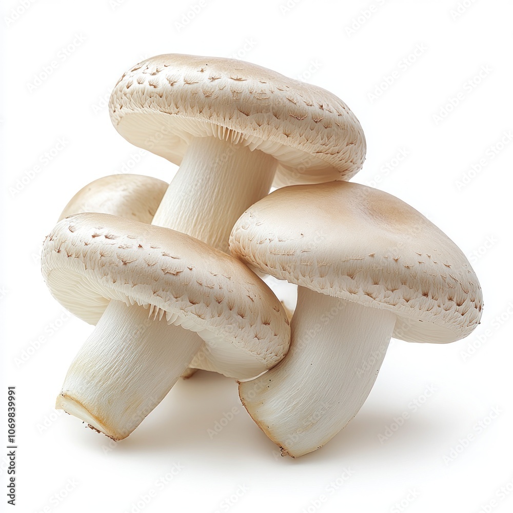 Fresh White Mushrooms Stacked on White Background