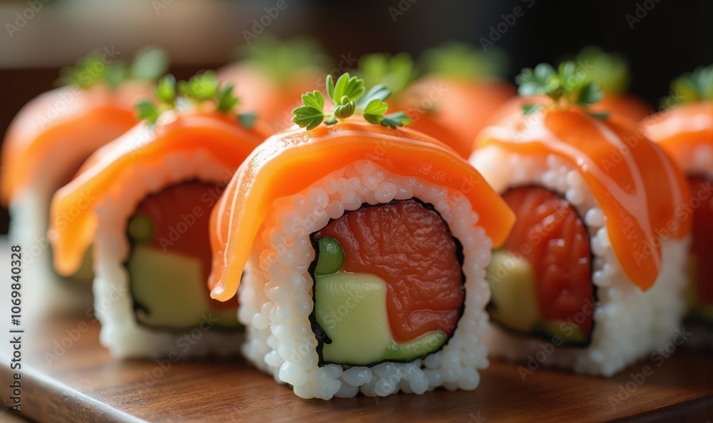 Fresh sushi rolls with salmon and avocado arranged beautifully, perfect for culinary imagery, restaurant promotions, or food blogs. Fresh sushi rolls with salmon and avocado arranged beautifully, perfect for culinary imagery, restaurant promotions, or food blogs.