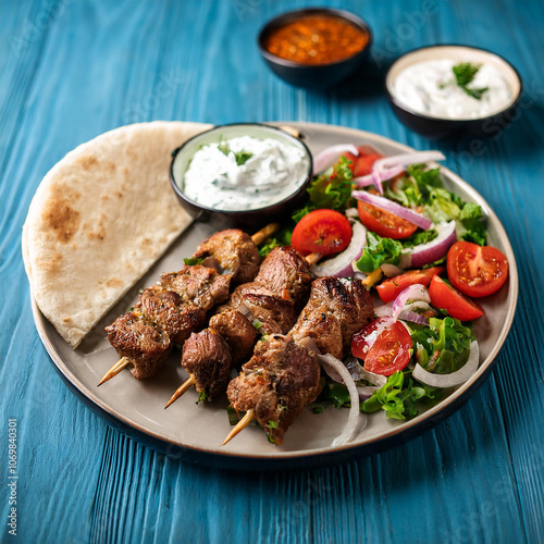 Greek Lamb Souvlaki Plate with Pita, Tzatziki, and Fresh Greek Salad for Culinary Inspiration