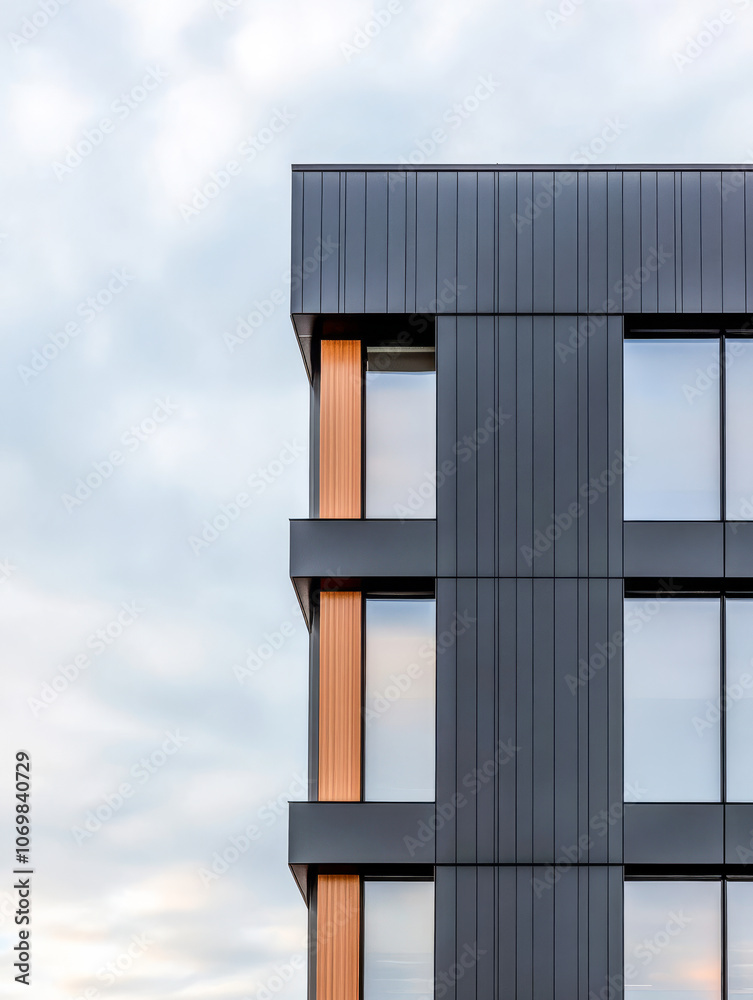Obraz premium Modern architectural design with wood accents in a contemporary urban building at dusk