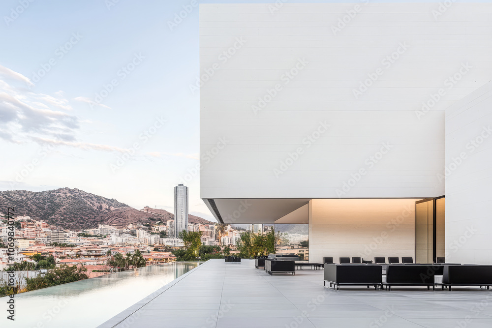 Fototapeta premium Modern architecture overlooking a city with mountains in the background during sunset