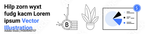 Text block and three icons Bitcoin circuit, potted plant, and financial graph with dollar symbol. Ideal for cryptocurrency, finance, technology, fintech, investment, nature, and modern themes