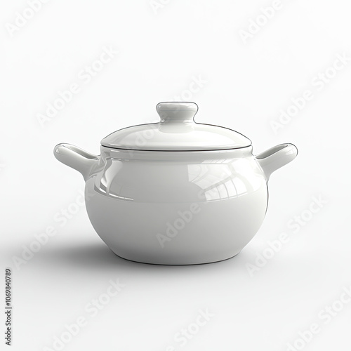 White ceramic pot with lid, isolated on white background.