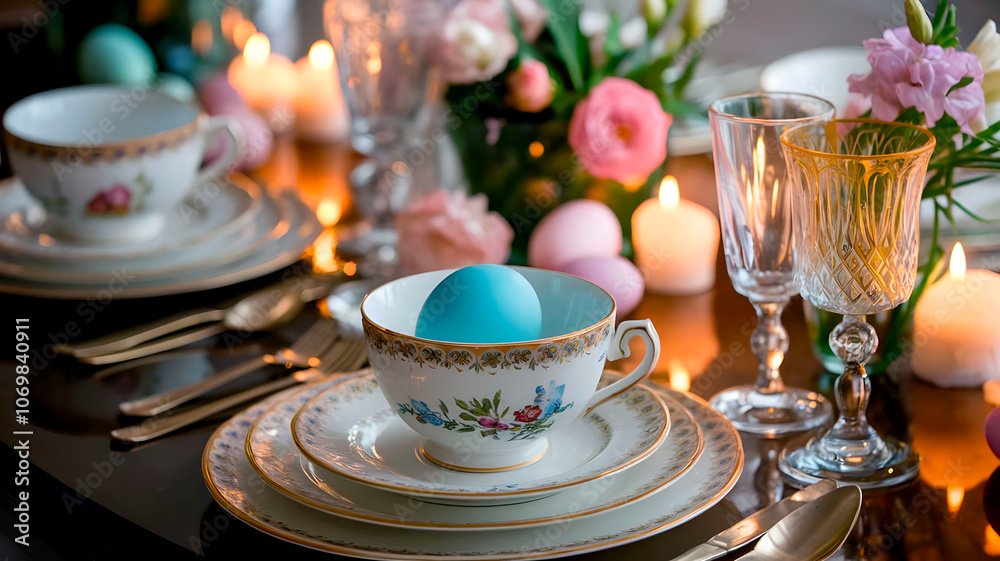 Elegant Easter table setting with a blue egg in a cup and flowers surrounded by candles Elegant Easter table setting with a blue egg in a cup and flowers surrounded by candles