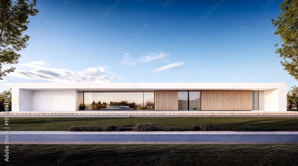 Contemporary single-story house with large windows and wooden accents set in a tranquil landscape Contemporary single-story house with large windows and wooden accents set in a tranquil landscape