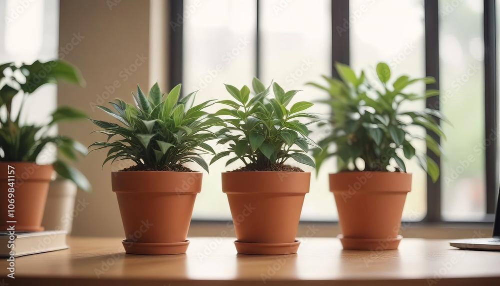 Fototapeta premium Various Potted Plants by the Window in Terracotta Pots