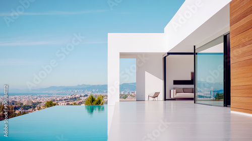 Modern villa with stunning ocean views and infinity pool in bright sunny weather