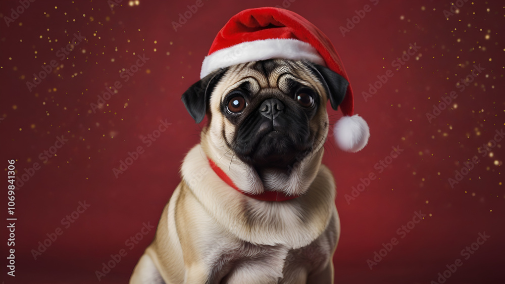 Portrait of adorable pug wearing Christmas hat against red background Portrait of adorable pug wearing Christmas hat against red background