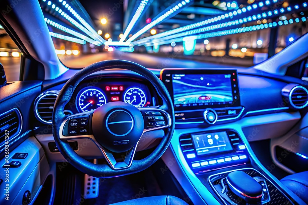 Close-up of a sleek, modern car dashboard with illuminated soft blue LED lighting, showcasing advanced technology and design features for automotive enthusiasts and interior detail lovers. Close-up of a sleek, modern car dashboard with illuminated soft blue LED lighting, showcasing advanced technology and design features for automotive enthusiasts and interior detail lovers.
