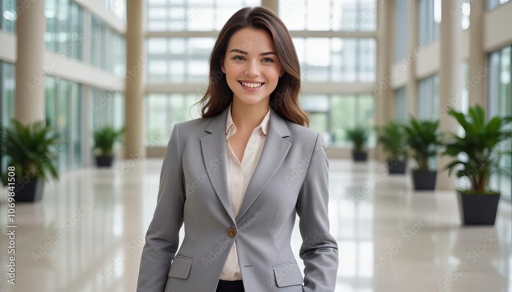 Portrait of a confident businesswoman standing in an office building, smiling and dressed in a smart suit, exuding professionalism and success Portrait of a confident businesswoman standing in an office building, smiling and dressed in a smart suit, exuding professionalism and success