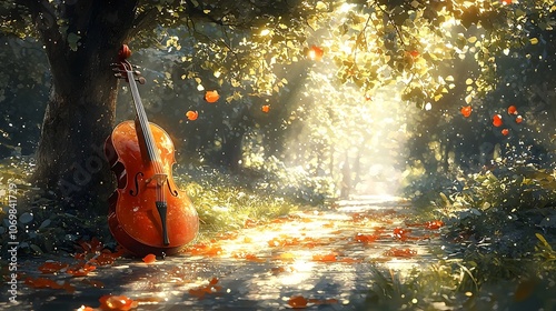 Tranquil scene of a wooden cello leaning against the trunk of a tree in a peaceful park with soft sunlight filtering through the lush green leaves