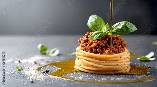 Appetizing vegan Bolognese dish with a creamy plant based protein sauce blanketing a nest of al dente whole wheat pasta garnished with freshly chopped basil and a drizzle of olive oil