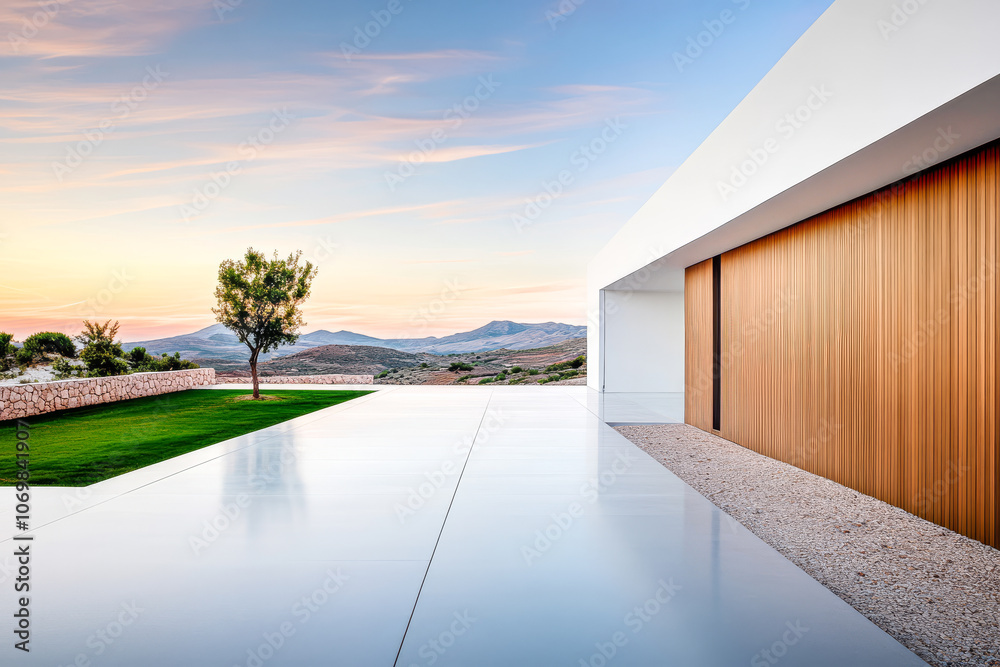 Modern architectural design of a sleek home with a serene landscape at sunset Modern architectural design of a sleek home with a serene landscape at sunset