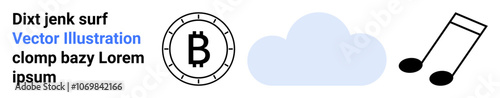 Sample text with a cryptocurrency coin, cloud, and musical note icons. Ideal for technology, digital services, cryptocurrency, cloud computing, music streaming, fintech, and storage application