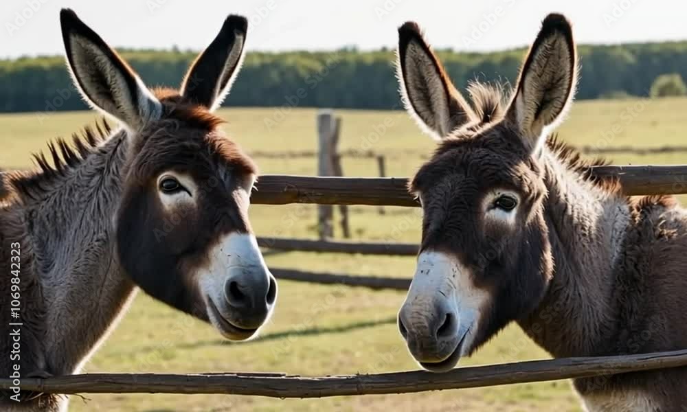Donkeys nuzzling each other by an old fence. Donkeys nuzzling each other by an old fence.