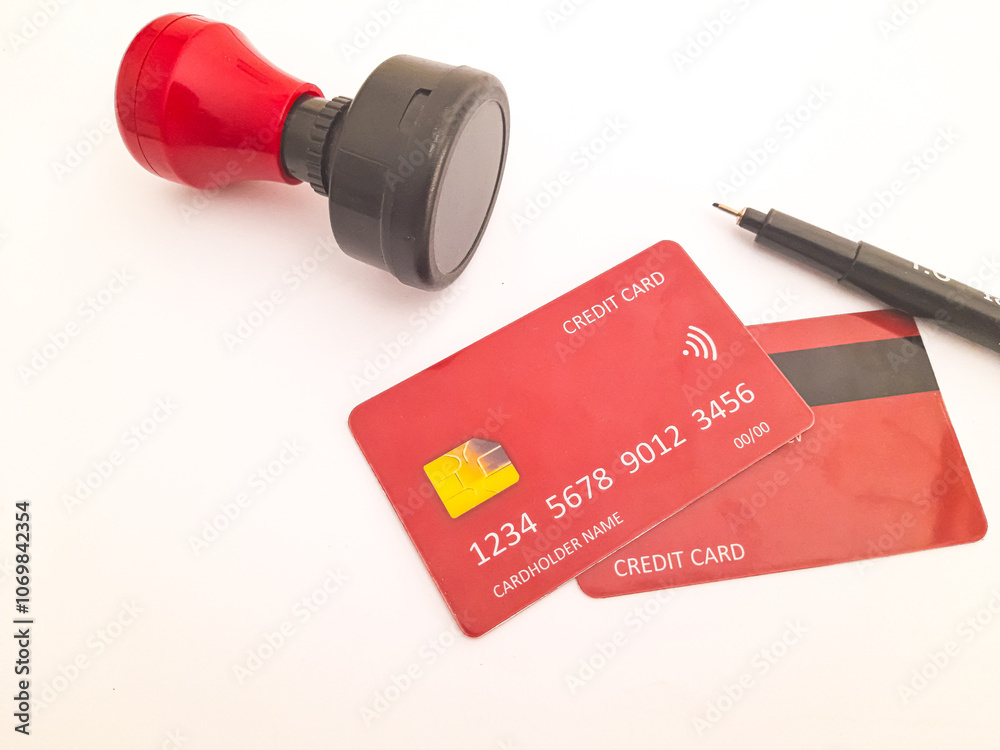 Maroon bank credit card isolated on white background, there are pens and stamps Maroon bank credit card isolated on white background, there are pens and stamps