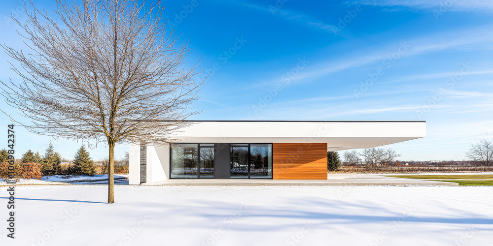 Modern architectural design of a minimalist house surrounded by snow in winter countryside setting Modern architectural design of a minimalist house surrounded by snow in winter countryside setting