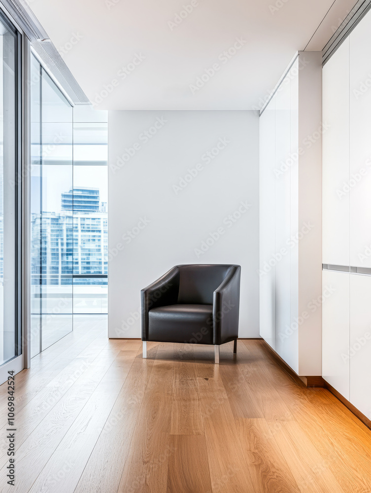 Modern black armchair positioned in a minimalist office space with large windows overlooking a city