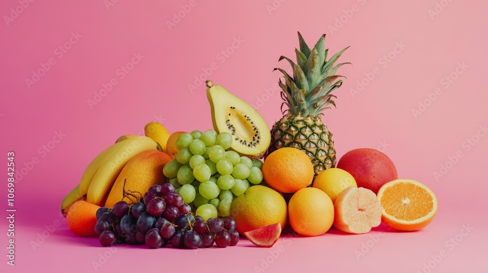 Colorful arrangement of fresh fruits, highlighting vibrancy and health on a plain backdrop Colorful arrangement of fresh fruits, highlighting vibrancy and health on a plain backdrop