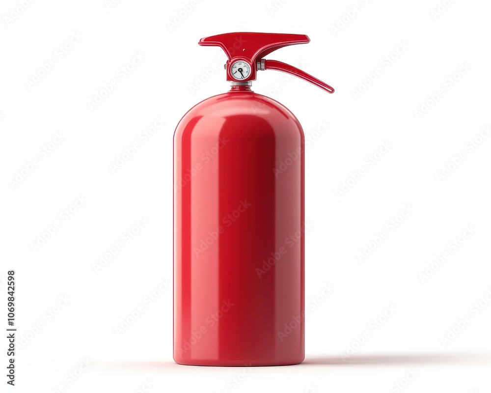 Obraz premium Red Fire Extinguisher: A close-up view of a classic red fire extinguisher, ready to combat any blaze. The sleek design and bright red hue convey a sense of preparedness and safety. 
