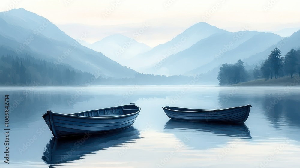 Tranquil Dawn Scene with Fishing Boats on a Lake Tranquil Dawn Scene with Fishing Boats on a Lake