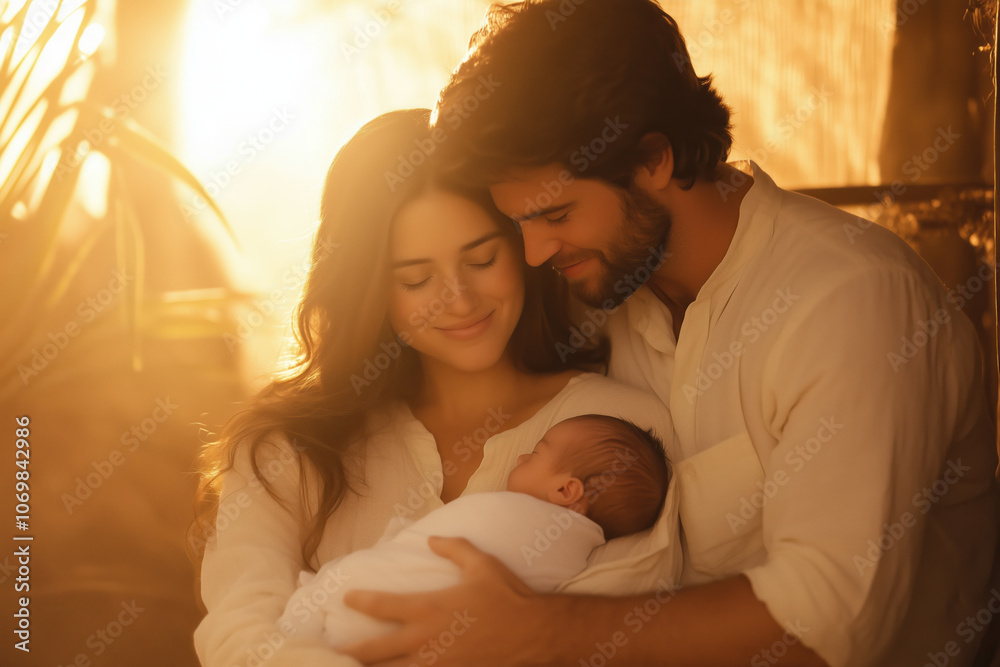 Holy Family Scene with Newborn Baby, Gentle Parents, and Soft Candlelight Creating a Warm Atmosphere Holy Family Scene with Newborn Baby, Gentle Parents, and Soft Candlelight Creating a Warm Atmosphere
