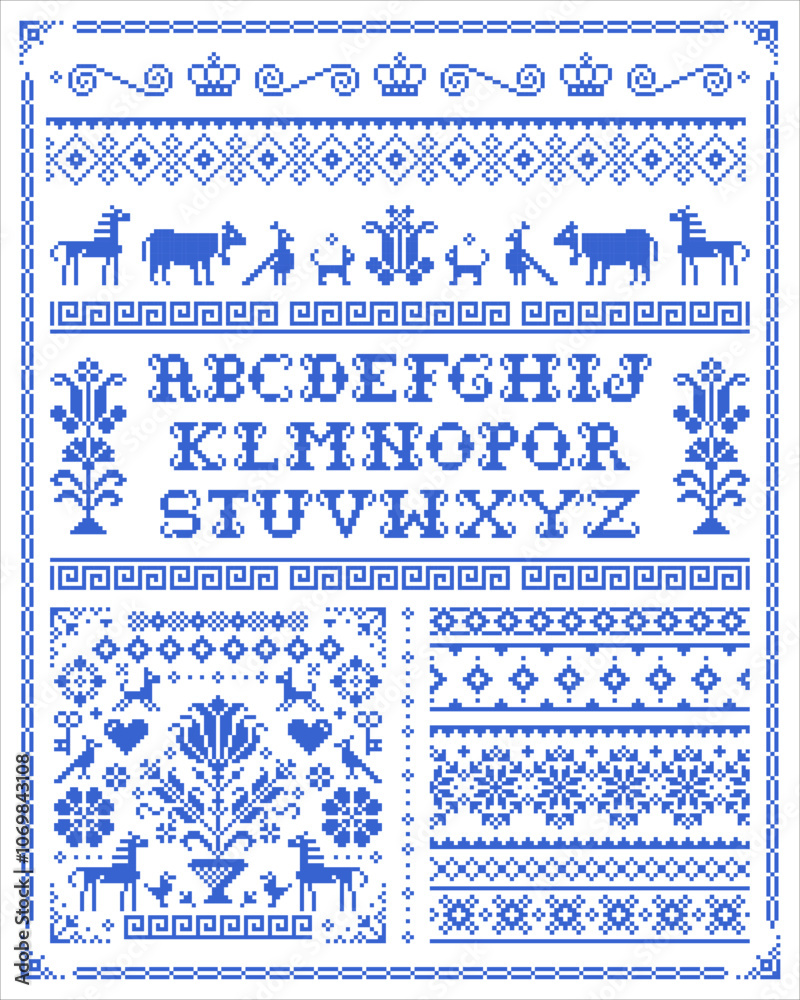 Retro ross stitch vector seamless patterns collection with alphabet, flowers and animals - pixelated ornament inspired by German and Austrian folk art. Non AI generated

