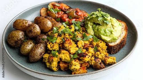 A Vibrant Vegan Breakfast Scene Featuring a Beautifully Styled Plate with Fluffy Tofu Scramble Crispy Roasted Potatoes and a Side of Creamy Avocado Toast