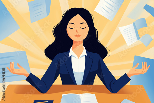 Businesswoman Meditating at Desk in Office, Practicing Work-Life Balance, Relaxation and Focus in Busy Workplace, 2D Illustration of Mindfulness and Stress Relief photo