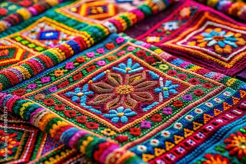 Close-Up View of Traditional Hmong Embroidery Showcasing Vivid Colors and Intricate Designs from Southeast Asia, Highlighting Cultural Heritage and Craftsmanship in Stunning Detail