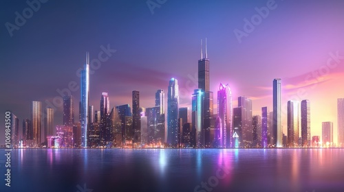 Chicago skyline at dusk with glowing city lights and purple-blue sky