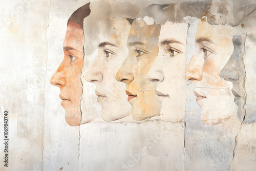 Faded Mural on Old Wall Featuring Powerful Ancestors’ Faces, A Symbol of History, Legacy, and Memory photo