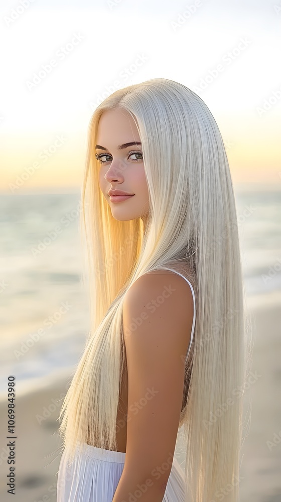 Blonde beauty stands gracefully by ocean Blonde beauty stands gracefully by ocean