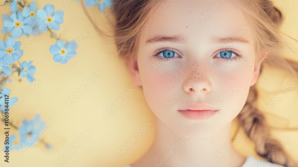 Innocence and Bloom: A young girl with captivating blue eyes lies amidst a scattering of delicate blue forget-me-nots, her serene gaze hinting at a world of dreams and wonder. Innocence and Bloom: A young girl with captivating blue eyes lies amidst a scattering of delicate blue forget-me-nots, her serene gaze hinting at a world of dreams and wonder.