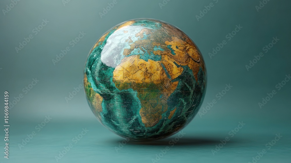 Textured World Globe with Rich Earthy Tones on Teal Background - Geography and Global Concept Image
