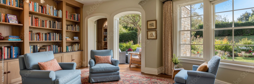 Cozy reading nook with armchairs bookshelves and a large window overlooking a garden Cozy reading nook with armchairs bookshelves and a large window overlooking a garden